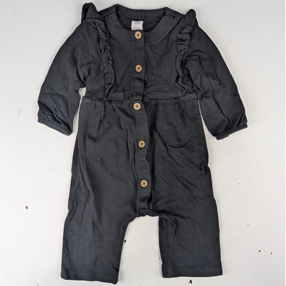 H&M Dark Charcoal/Black Knit One Piece Ruffle Romper - 3-6 Months